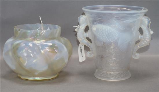 An Art Deco Barolac Seahorse glass vase and an iridescent white glass vase, tallest 17cm